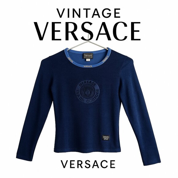 Versace Tops - Versace Jeans Couture Vintage Navy Stretch Logo Top M Y2K Designer Rare